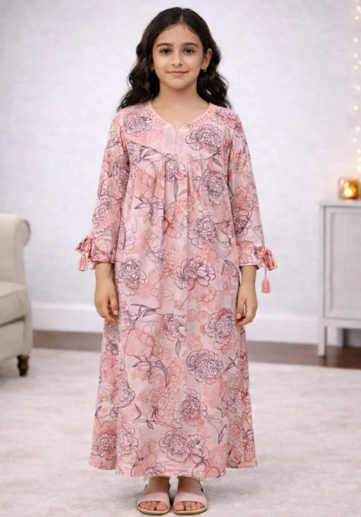 Artemea  Girls Pink Floral Jalabiya with Gathered Front & Tassel Sleeves – Ankle Length Modest Dress for Women | Best Price UAE